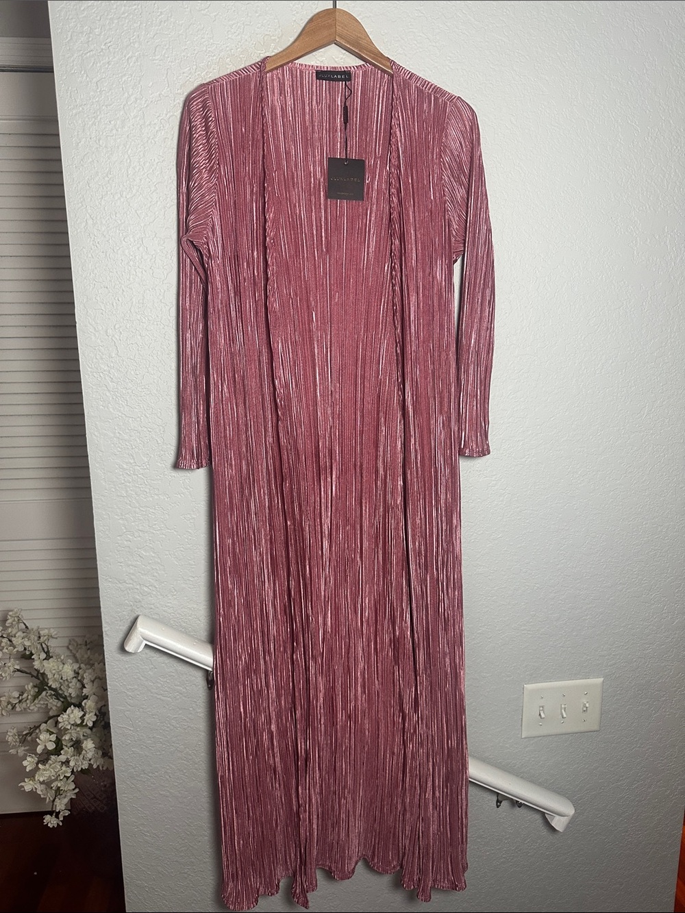 NEW JLUXLABEL Mauve Pink Long Duster Maxi Glam Pleated Plissé Cardigan NWT Small